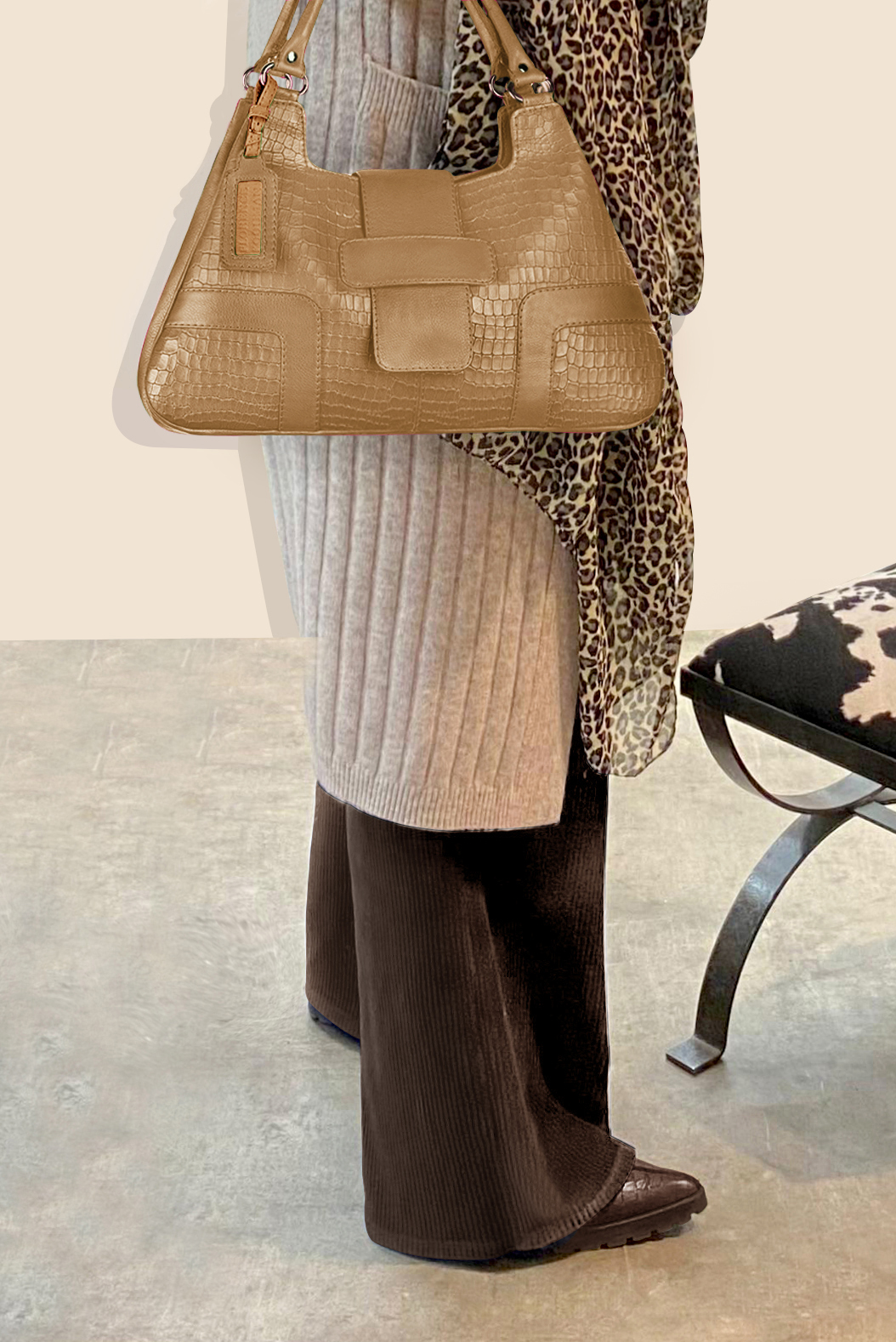 Dress large handbag in camel beige leather - Worn view